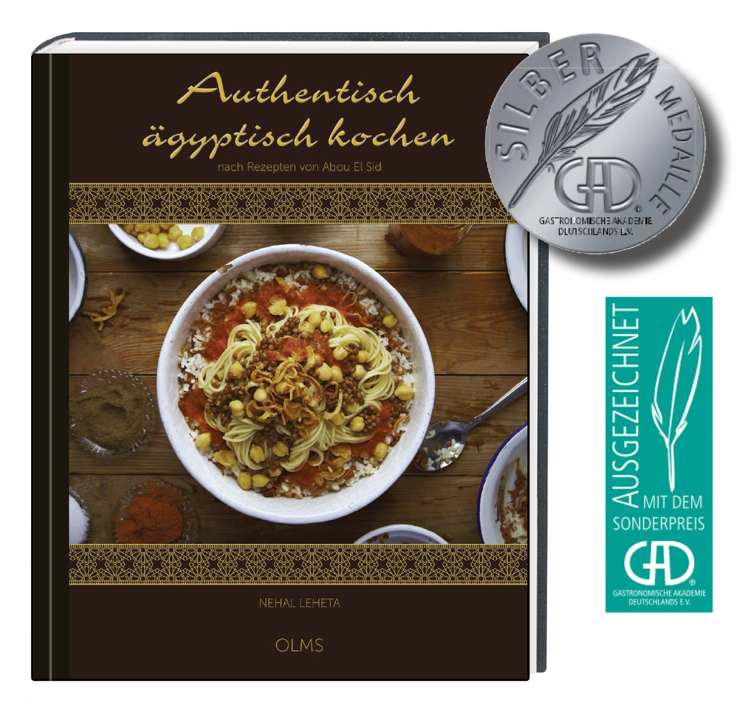 Buchcover „Authentisch ägyptisch kochen“ mit Silbermedaille und Sonderpreis-Medaille der Gastronomischen Akademie Deutschlands