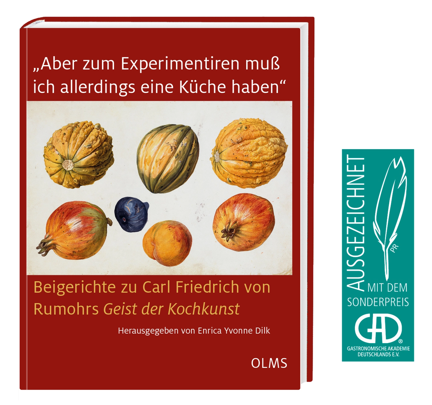 Buchcover „Aber zum Experimentiren muß ich allerdings eine Küche haben“ mit Obst- und Gemüseillustration